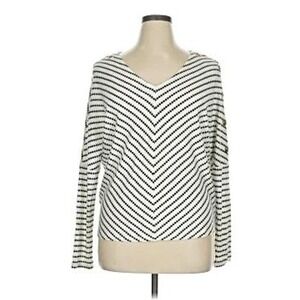 Belldini Womens XL Black White Striped Grommet Sleeve‎ V-Neck Knit Top Blouse
